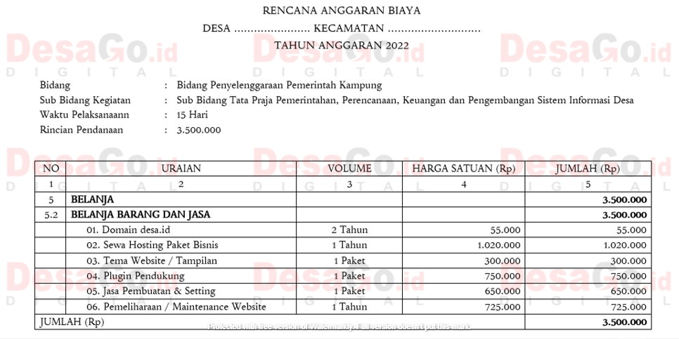 Gambar contoh RAB pembuatan website desa